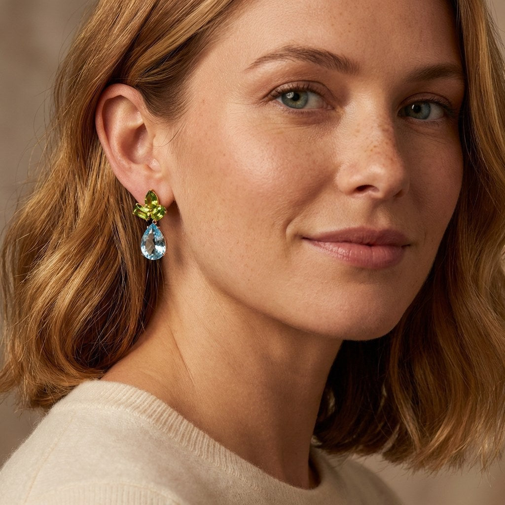 Gemstone Stud Earrings with Pendant Peridot & Topaz