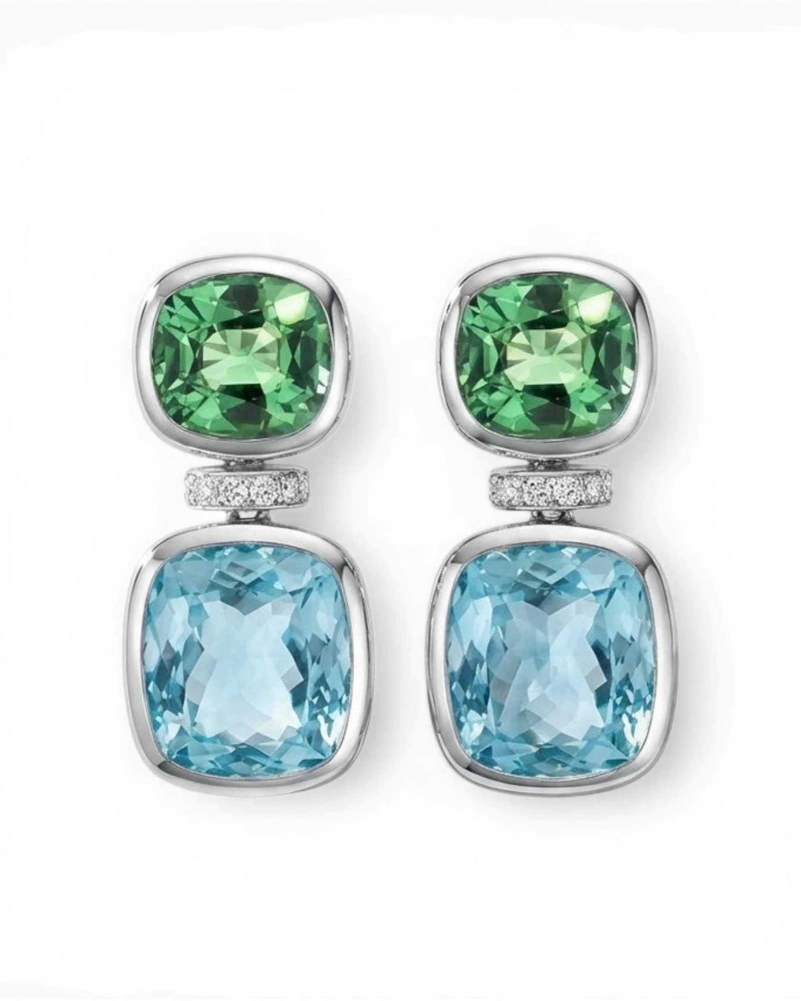 Cushion Drop Earrings with Tourmaline and Aquamarine