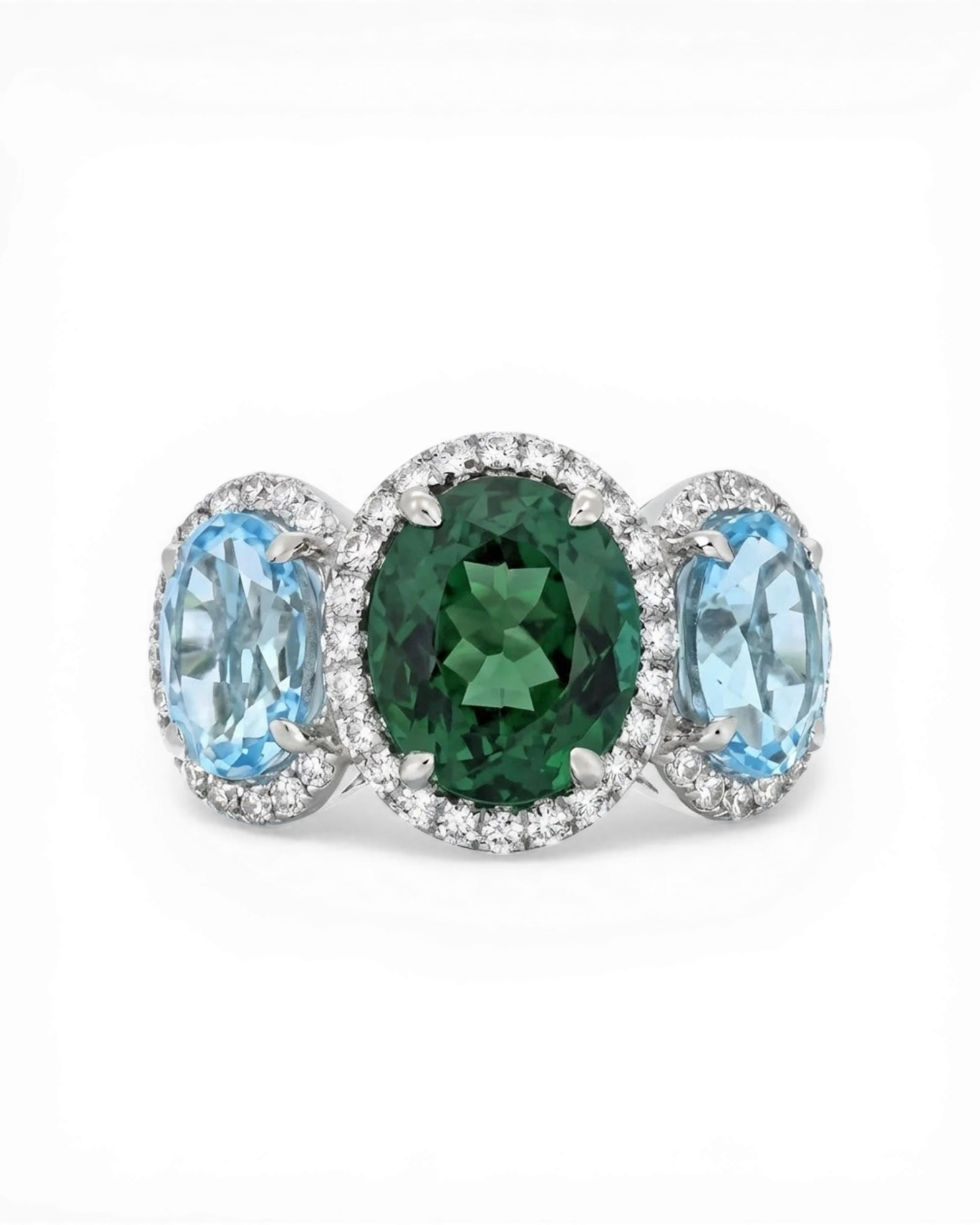 Three-stone ring with tourmaline & blue topaz