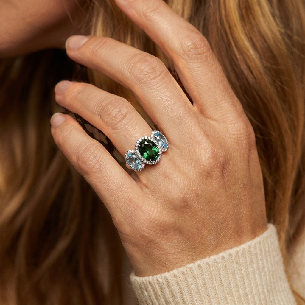 Three-stone ring with tourmaline & blue topaz