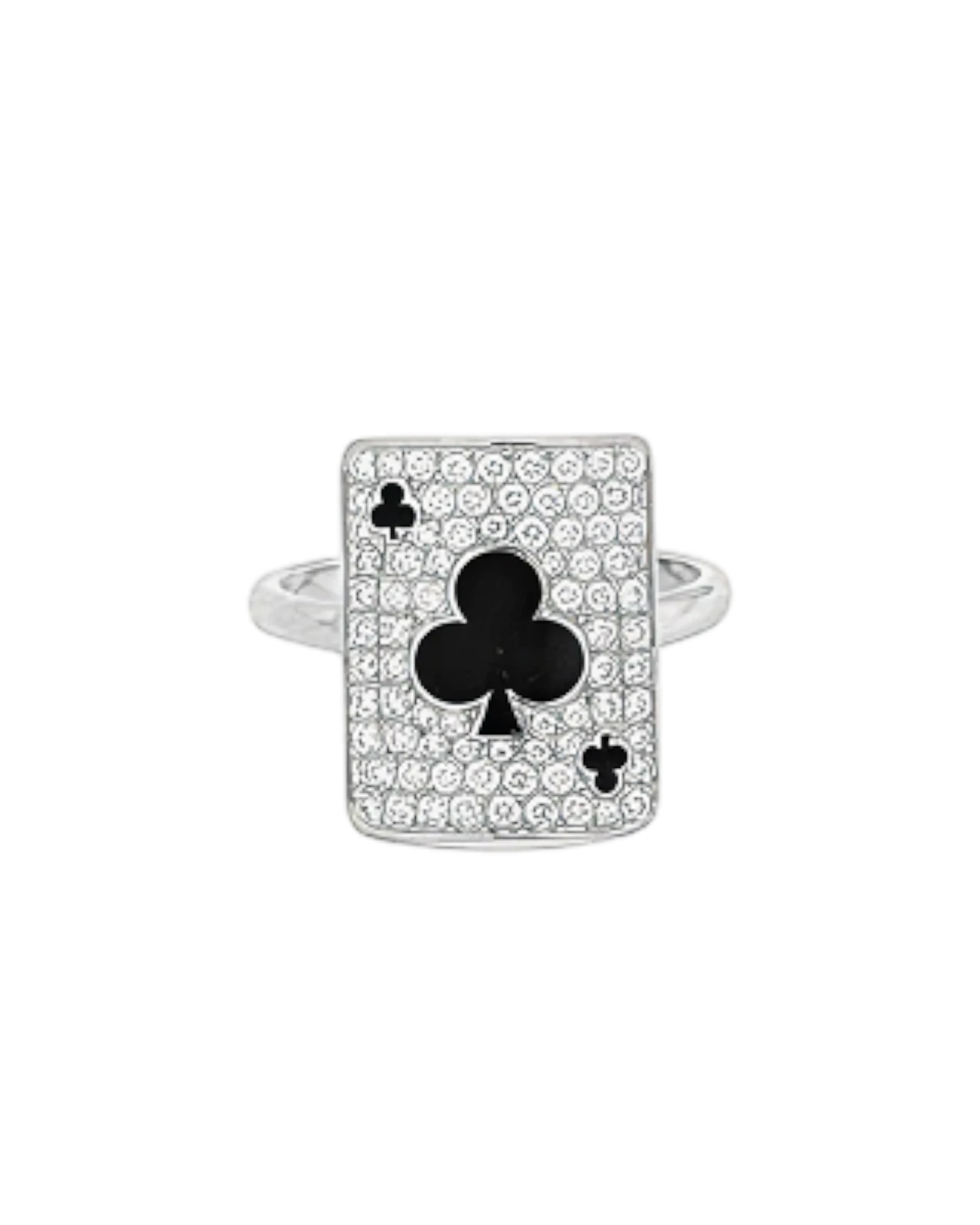 Aveluene silver ring with a club card design, encrusted with clear crystals and a black club symbol.