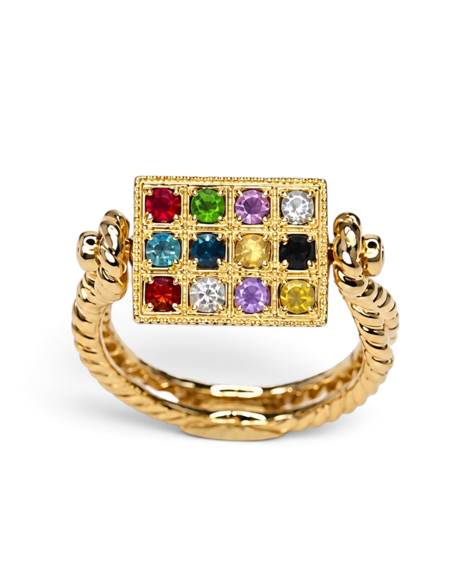 Aveluene Thruth & Light Ring aus Gold mit quadratischem, drehbarem Element und bunten Edelsteinen in Gitteroptik.