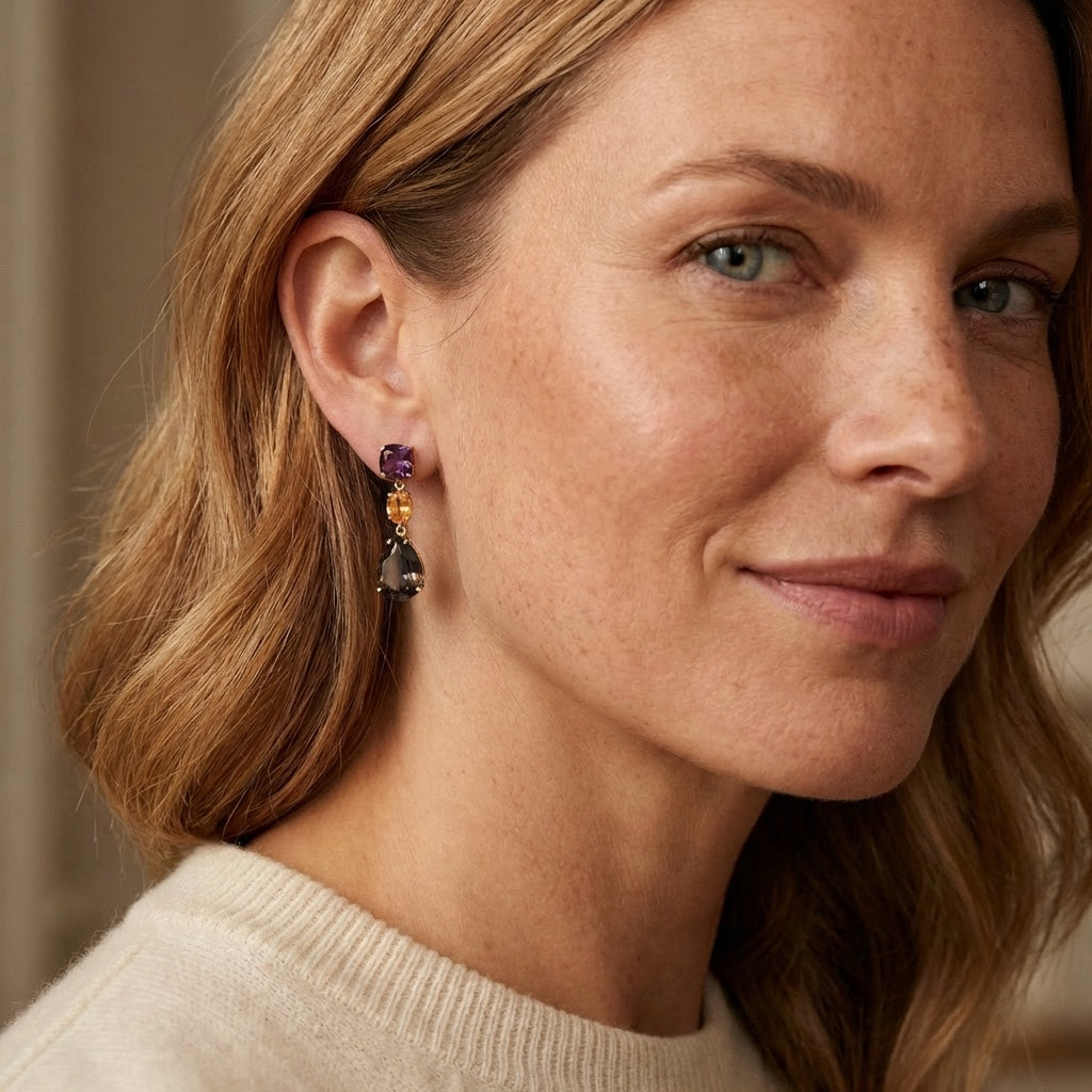 Cushion Drop Earrings with Zircon and Garnet