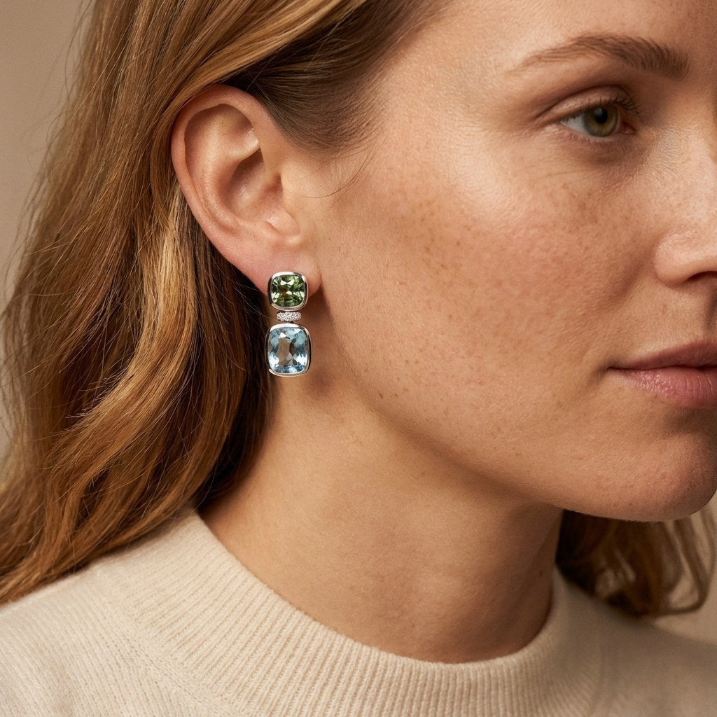Cushion Drop Earrings with Tourmaline and Aquamarine