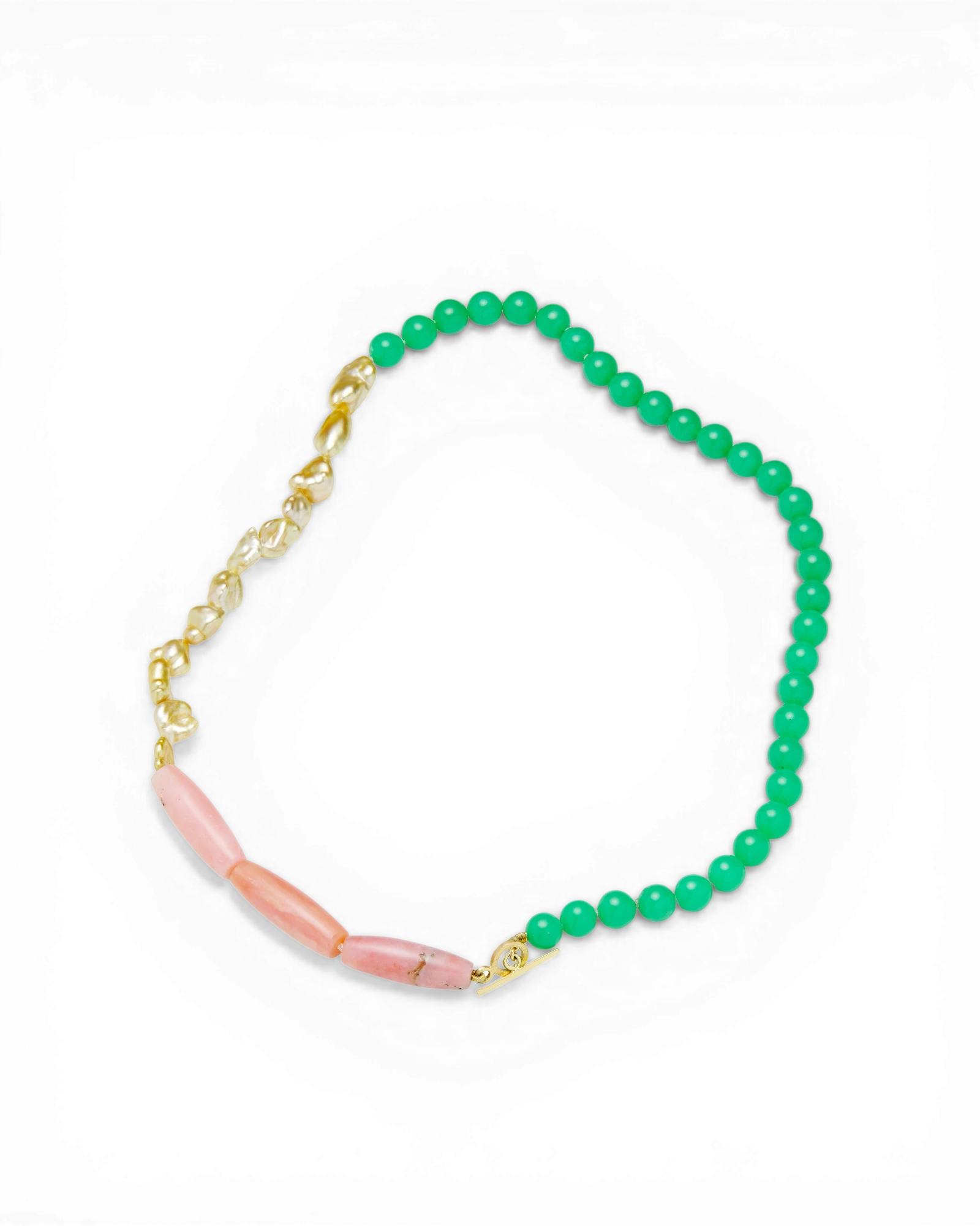 Pearl necklace with golden Keshi pearls and chrysoprase