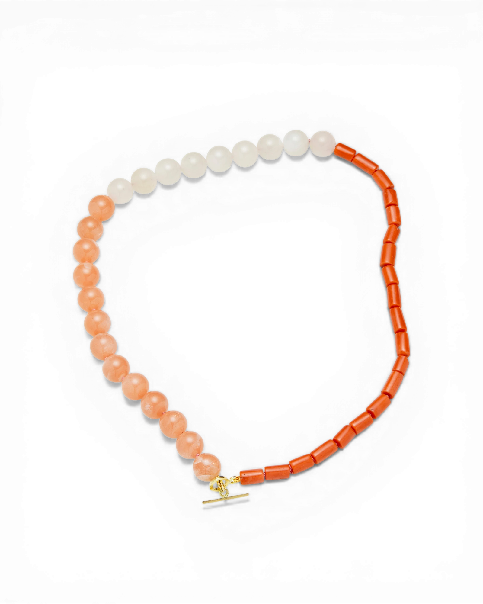Necklace with finely matched moonstone and coral