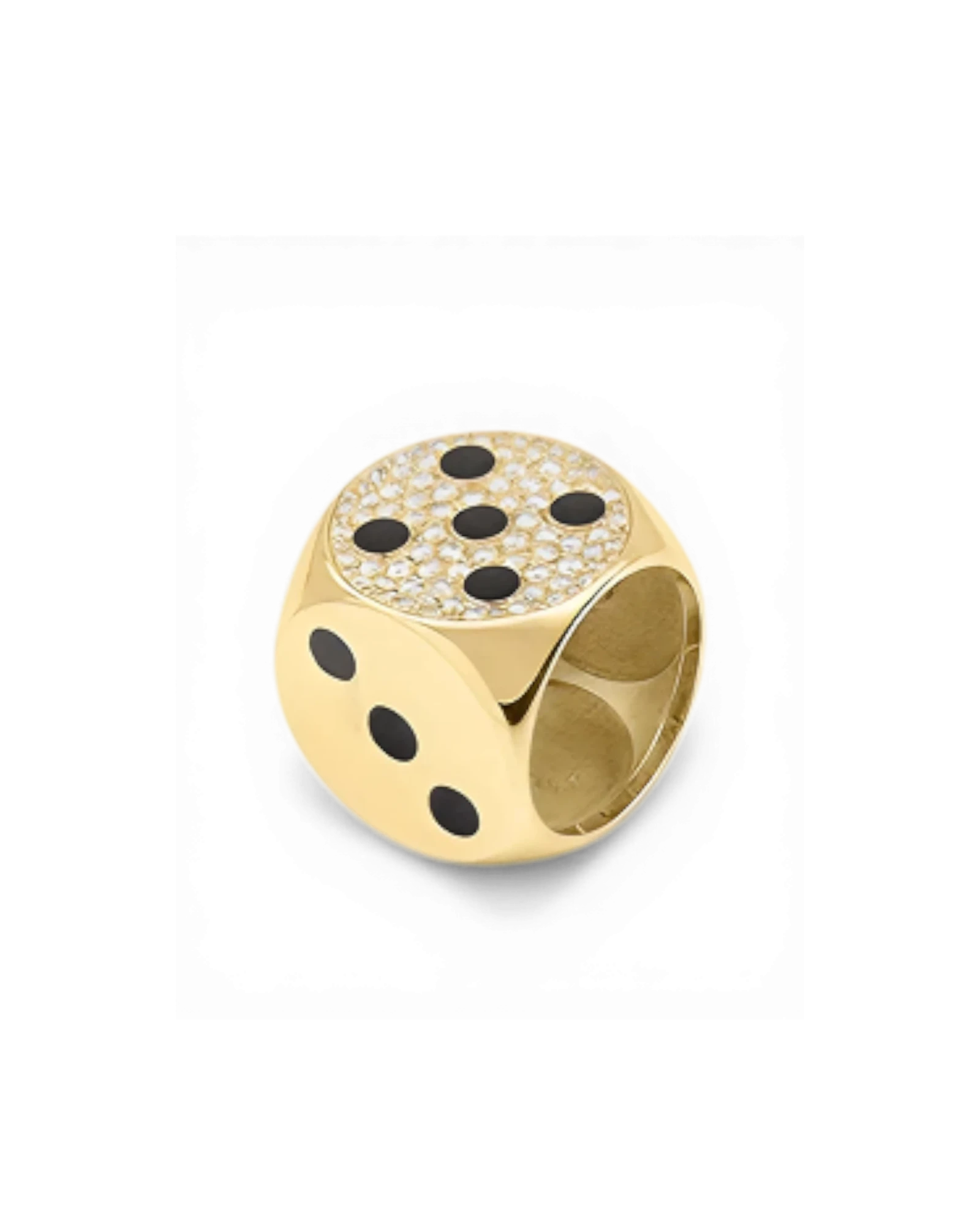 Aveluene gold dice ring with black enamel dots and pave diamonds. A talisman jewel for daring souls.