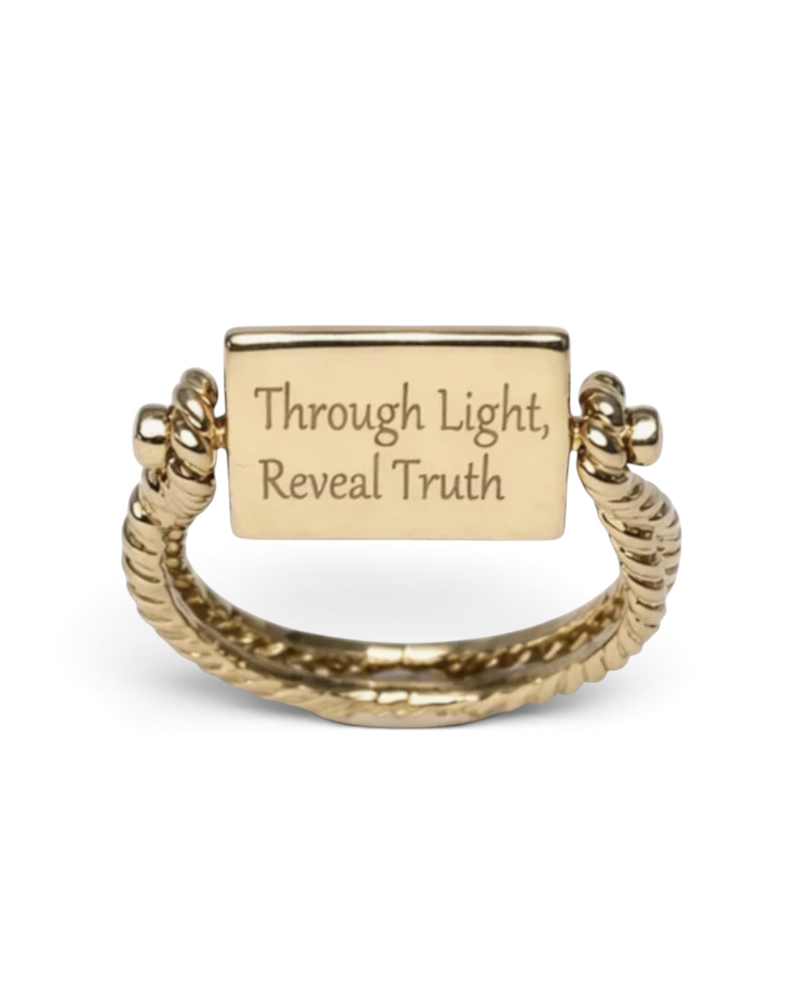 Aveluene Thruth & Light Ring aus Gold mit drehbarer Platte und der Gravur Through Light, Reveal Truth