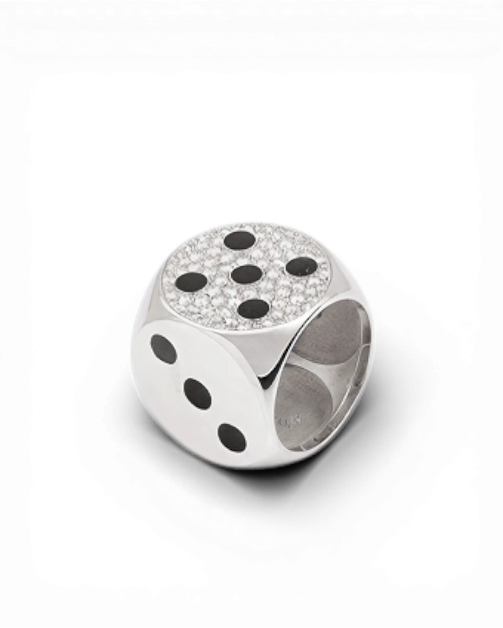Aveluene silver ring shaped like a dice, adorned with black enamel dots and sparkling diamonds.