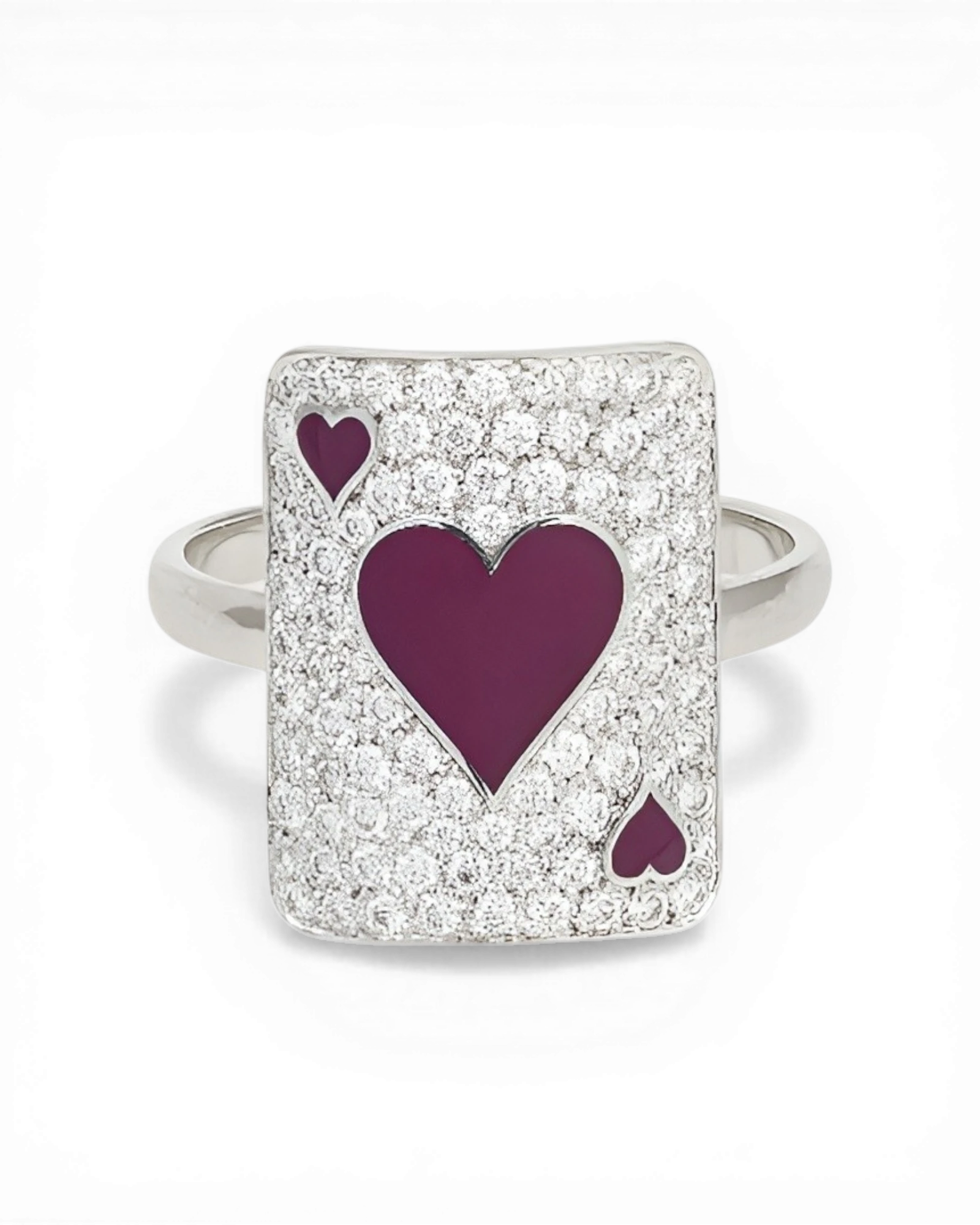 Aveluene silver ring shaped like a playing card, encrusted with white stones and a deep red heart.